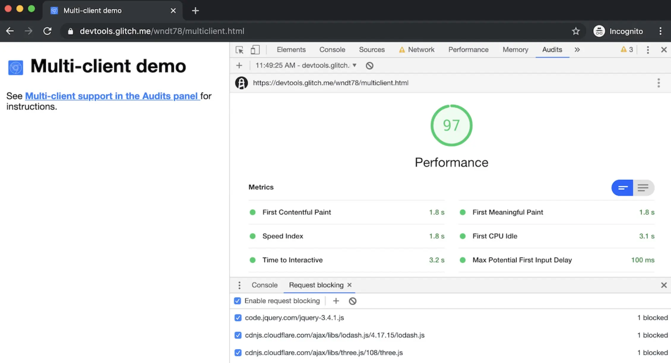 启用请求阻止后，性能得分提高到97。