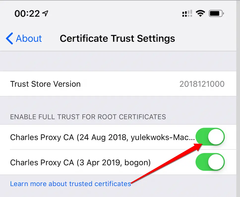 settig general->about->Certificate Trust Settings