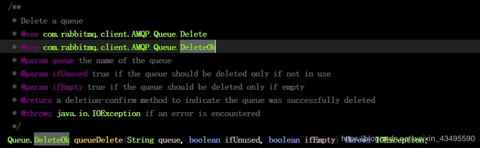 队列删除相对于交换器而言多了一个参数，其具体参数含义如下：