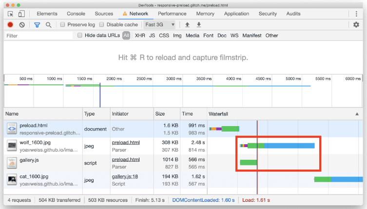 Chrome DevTools网络面板的屏幕截图