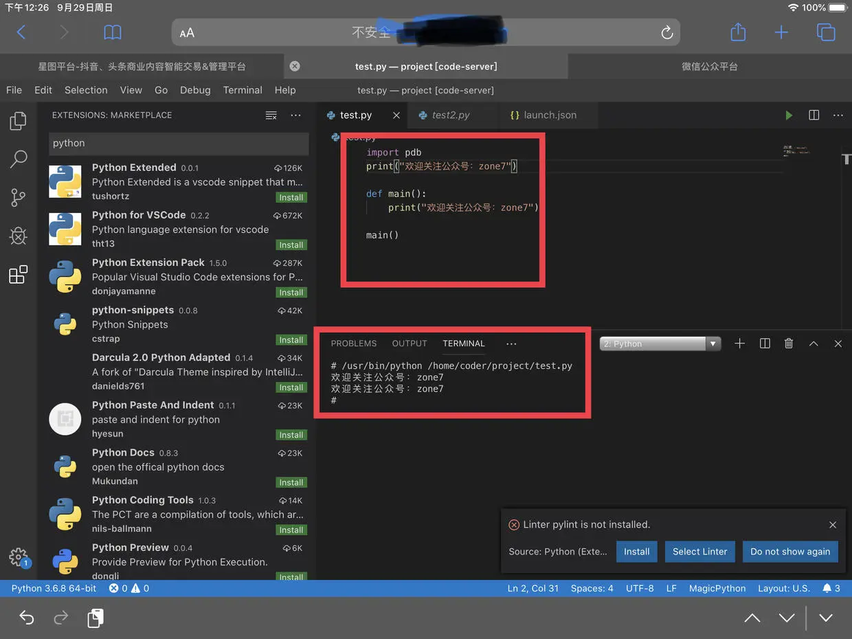 iPad Safari浏览器显示如图，并运行了 python 代码