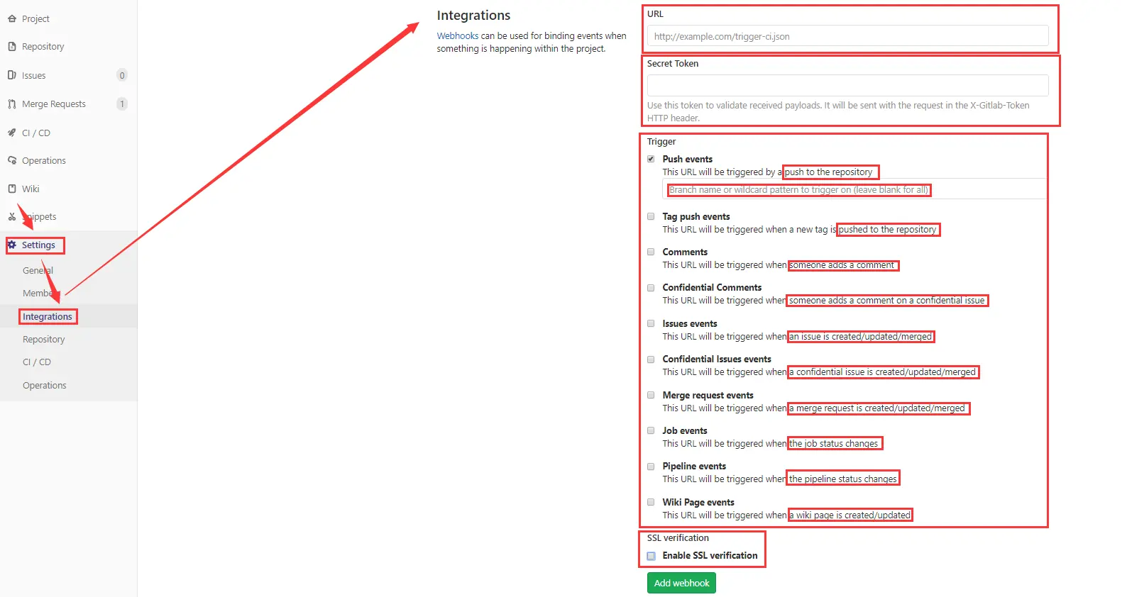 配置代码代码仓库的Webhook