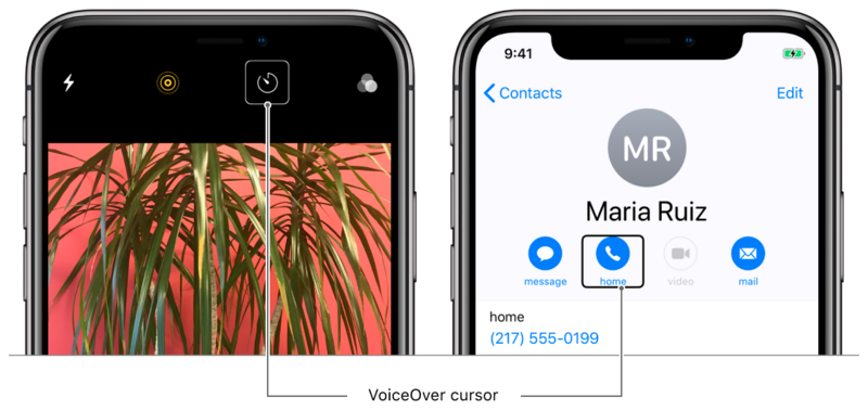 Two iPhones with VoiceOver turned on. The phone on the left has the camera app open and the VoiceOver cursor is highlighting the timer. The phone on the right shows a contact in the phone app for Maria Ruiz. The call home button is highlighted by the VoiceOver cursor.