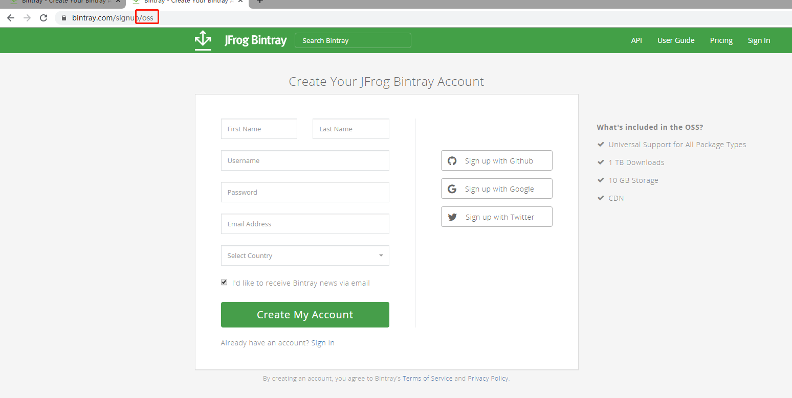 Bintray个人账户注册