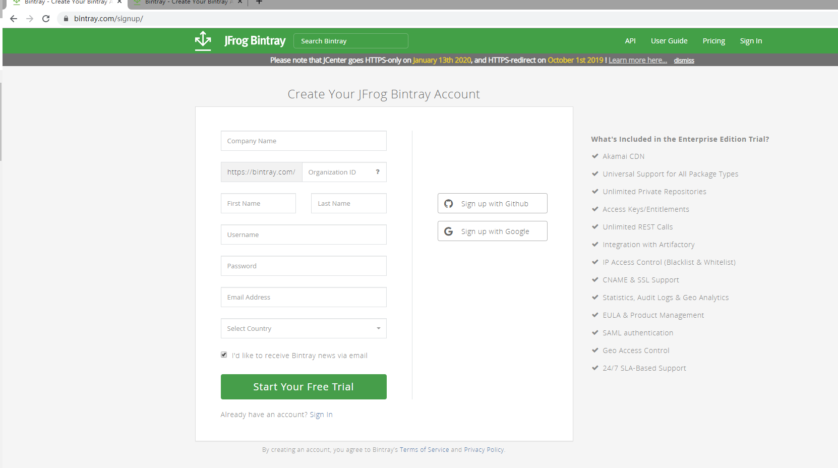 Bintray组织账户注册