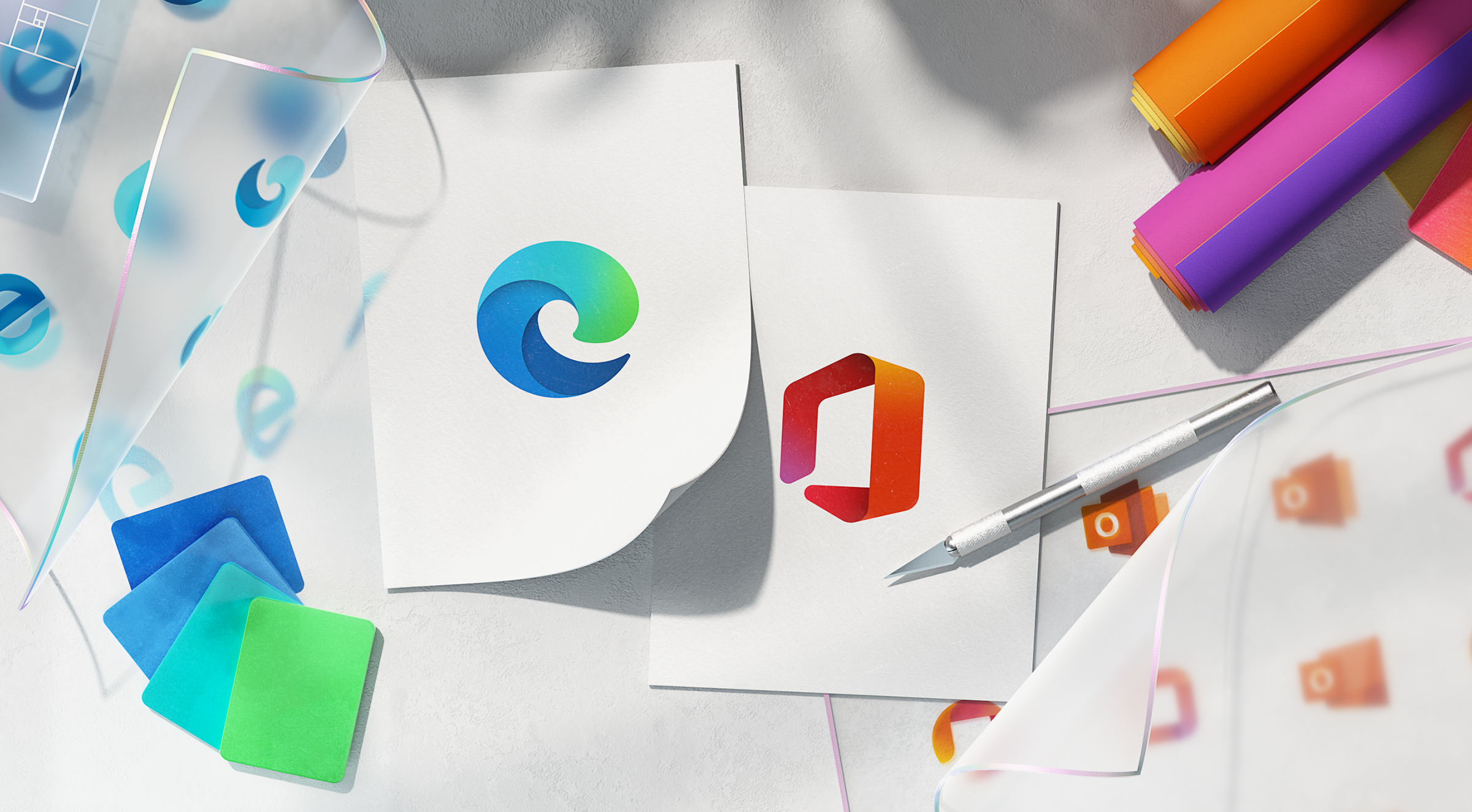 层次丰富的渐变色、柔美的曲线以及顺滑的动态效果，使得 Edge 和 Office 的 Logo 以及其他所有图标形成一个互联的整体。