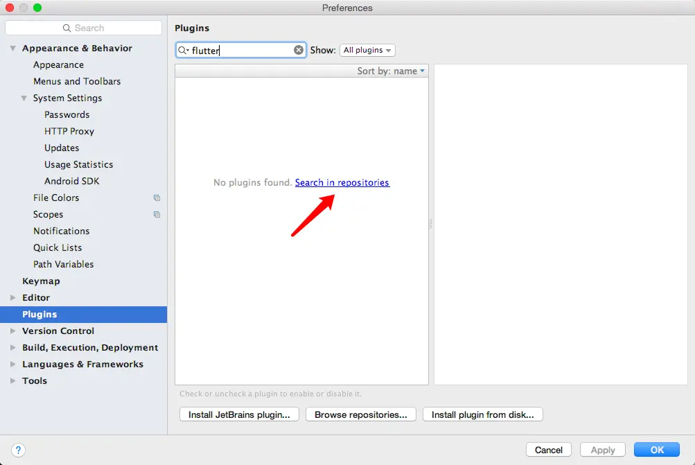 第三步：输入 flutter，点击 Search in repositories