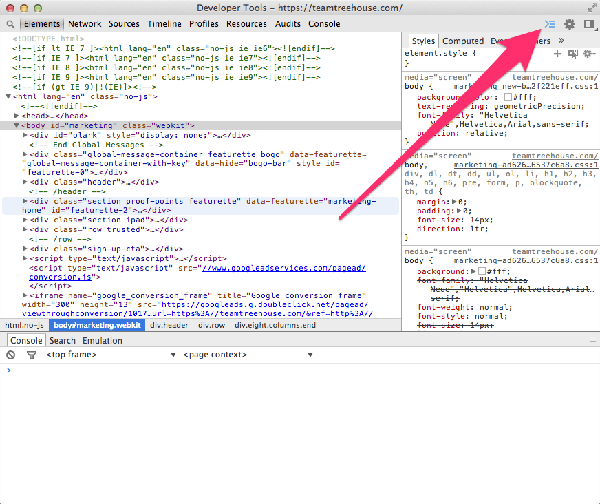 The 'Elements' tab with a console pane at the bottom.