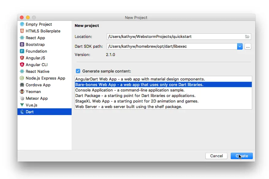 WebStorm new project dialog