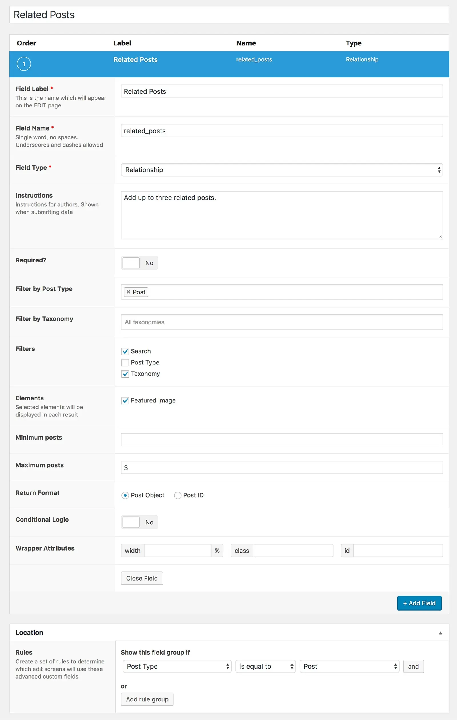 设置相关帖子自定义字段
