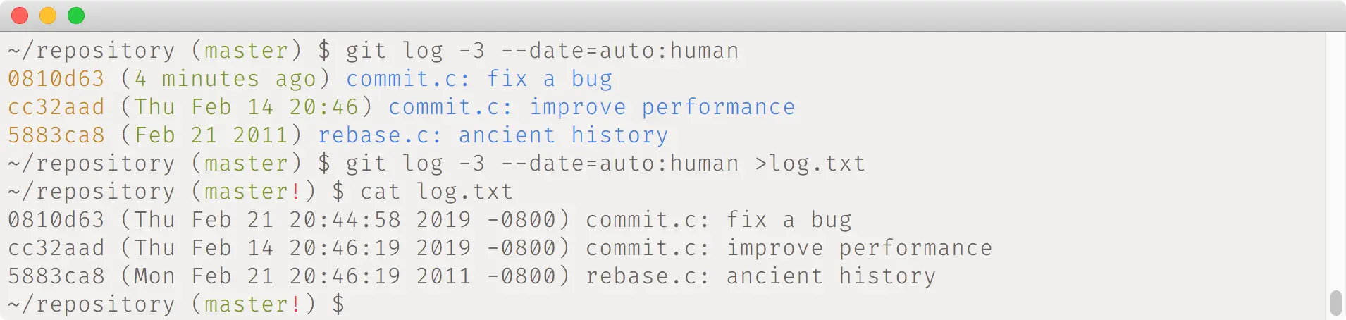 git log --date=auto:human example