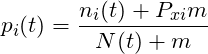\[p_i(t)=\frac{n_i(t)+P_{xi}m}{N(t)+m}\]