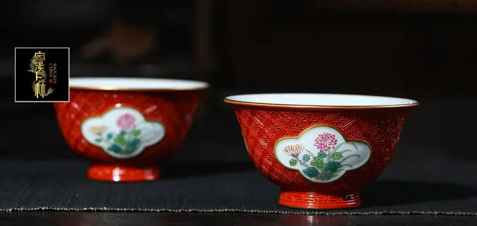 宝瓷林|漆红雕刻·粉彩开窗四君子杯