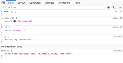 The DevTools in Firefox showing rules for the h1 selector crossed out