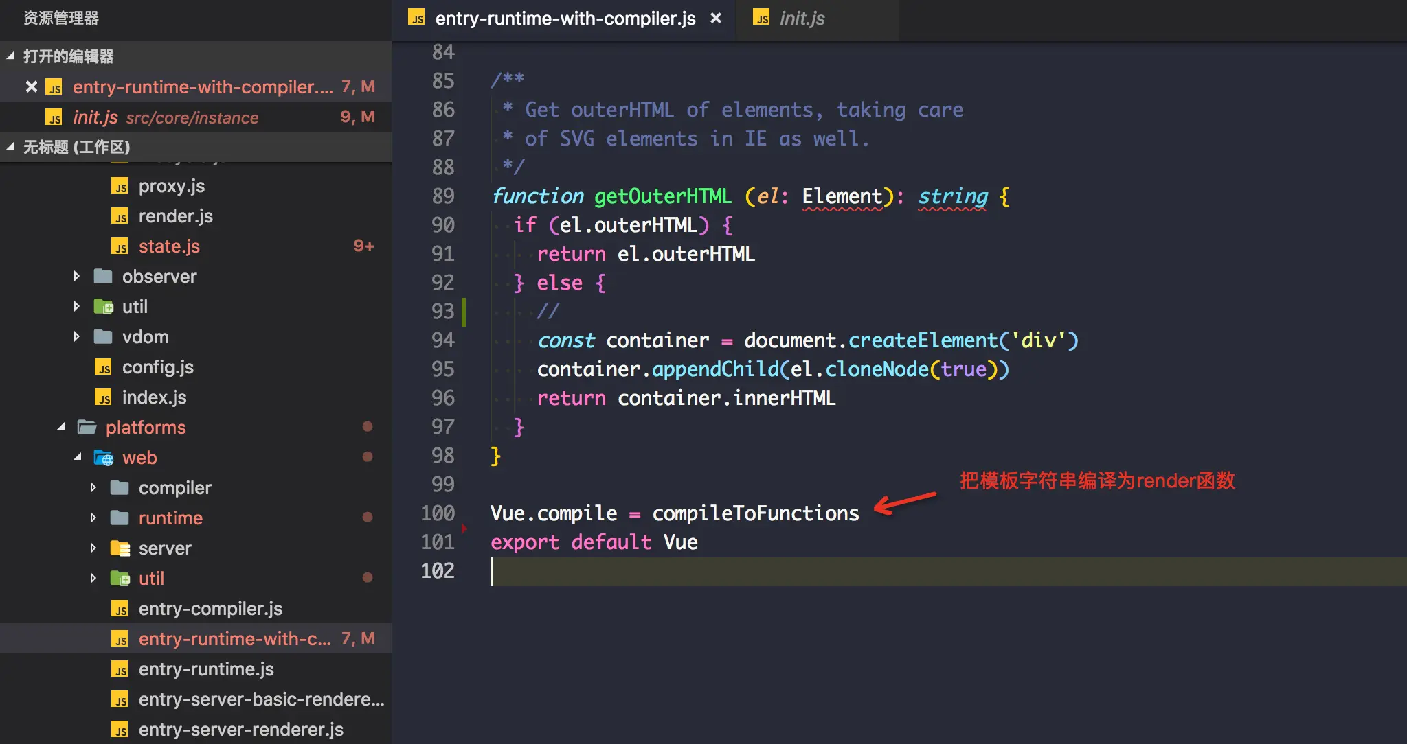 Vue.compile( template )