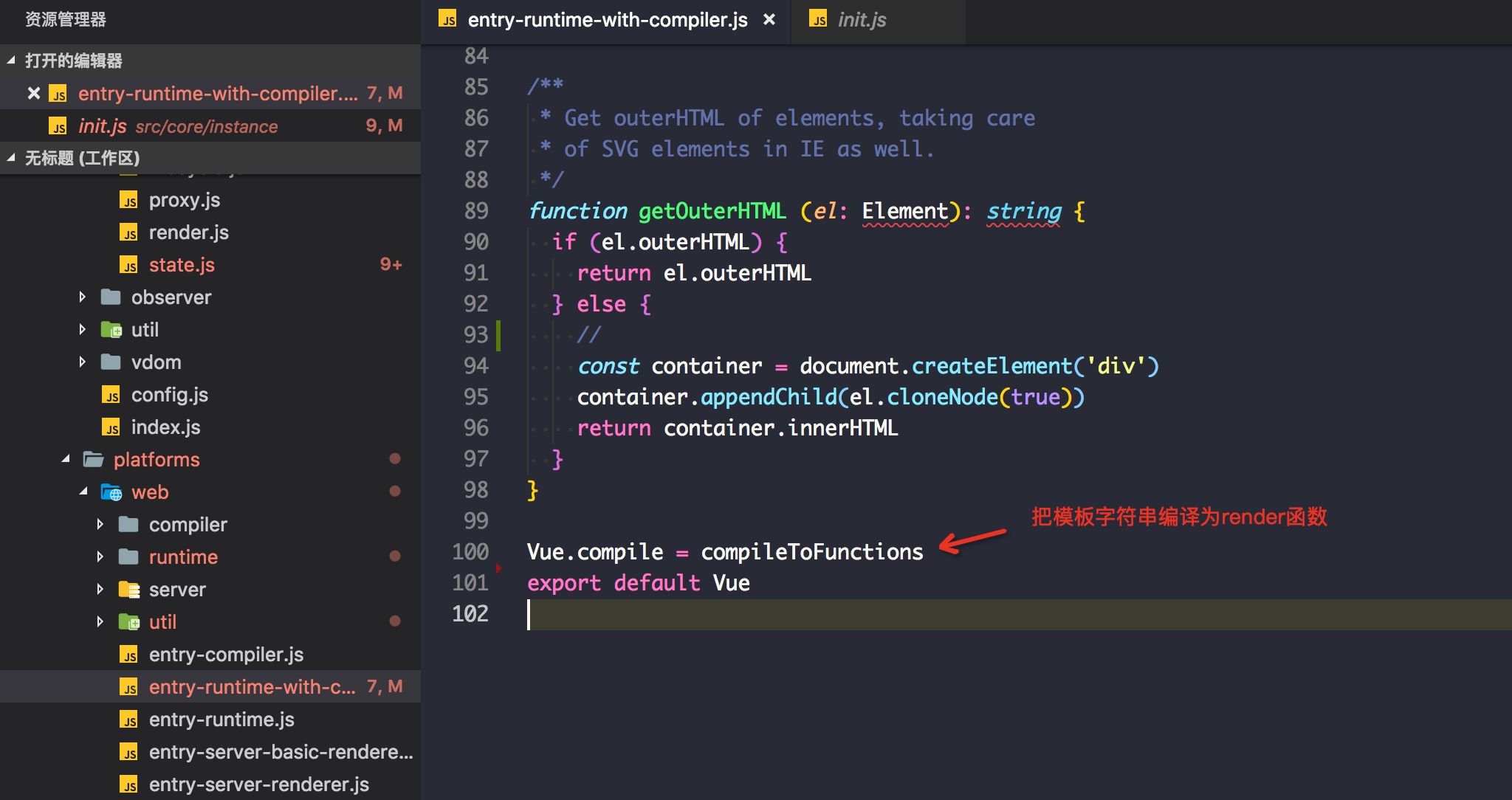 Vue.compile( template )