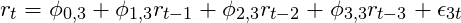 \[r_t = \phi_{0,3} + \phi_{1,3}r_{t-1} + \phi_{2,3}r_{t-2} + \phi_{3,3}r_{t-3} + \epsilon_{3t}\]