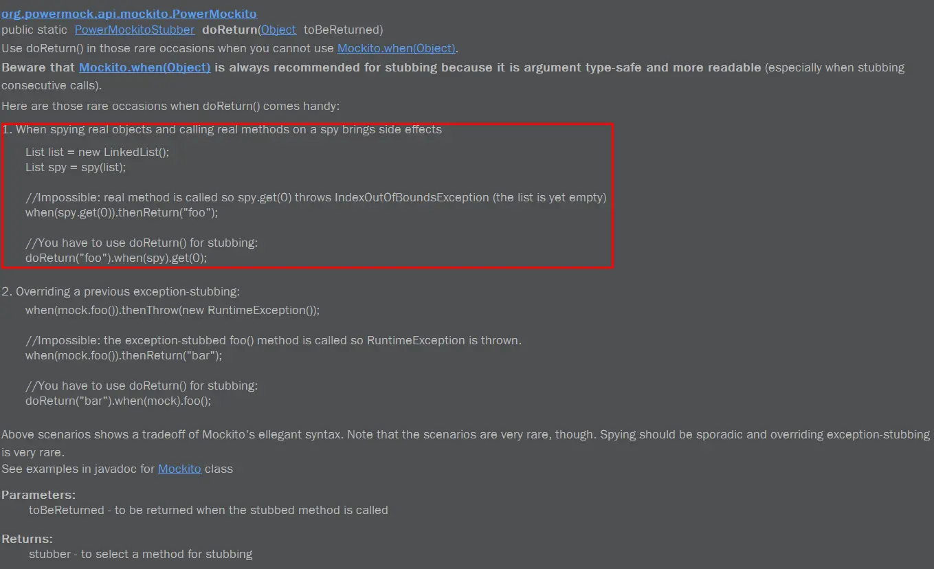 java doc for 'doReturn' method