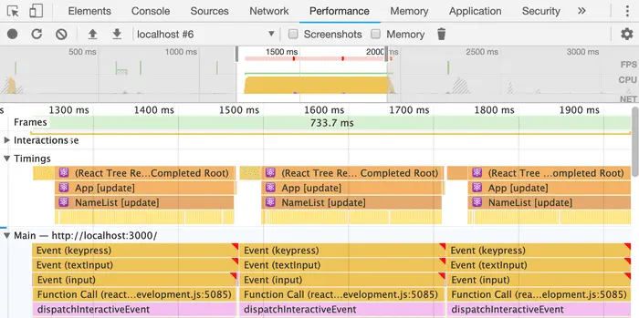 Screenshot of Chrome DevTools that shows that the three keypress events take 733ms to render.