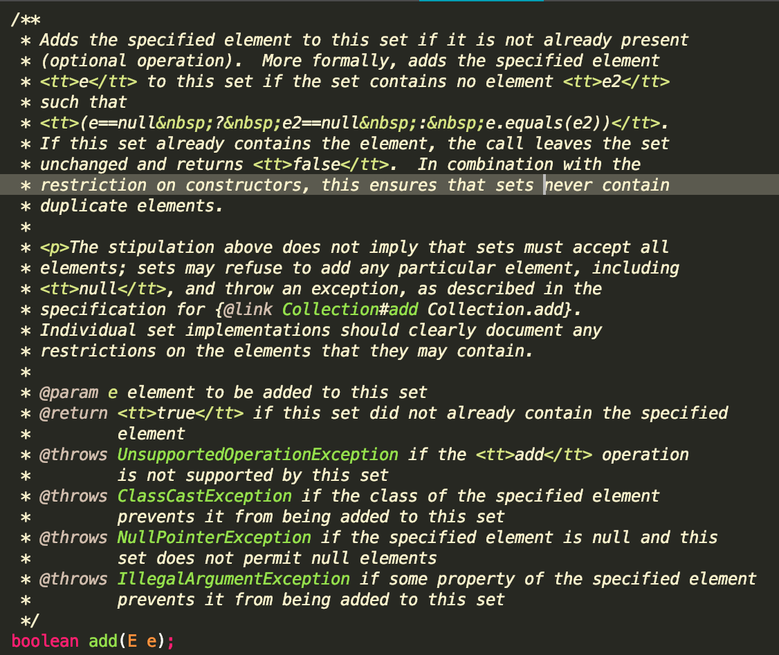 Set接口add方法的官方描述，其中指出了Set接口的元素不相同的特性