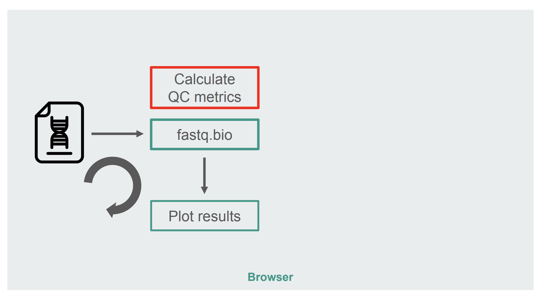 fastq.bio 用 JavaScript 实现的体系结构：从输入文件中随机抽样，用 JavaScript 计算指标并绘制结果，然后循环