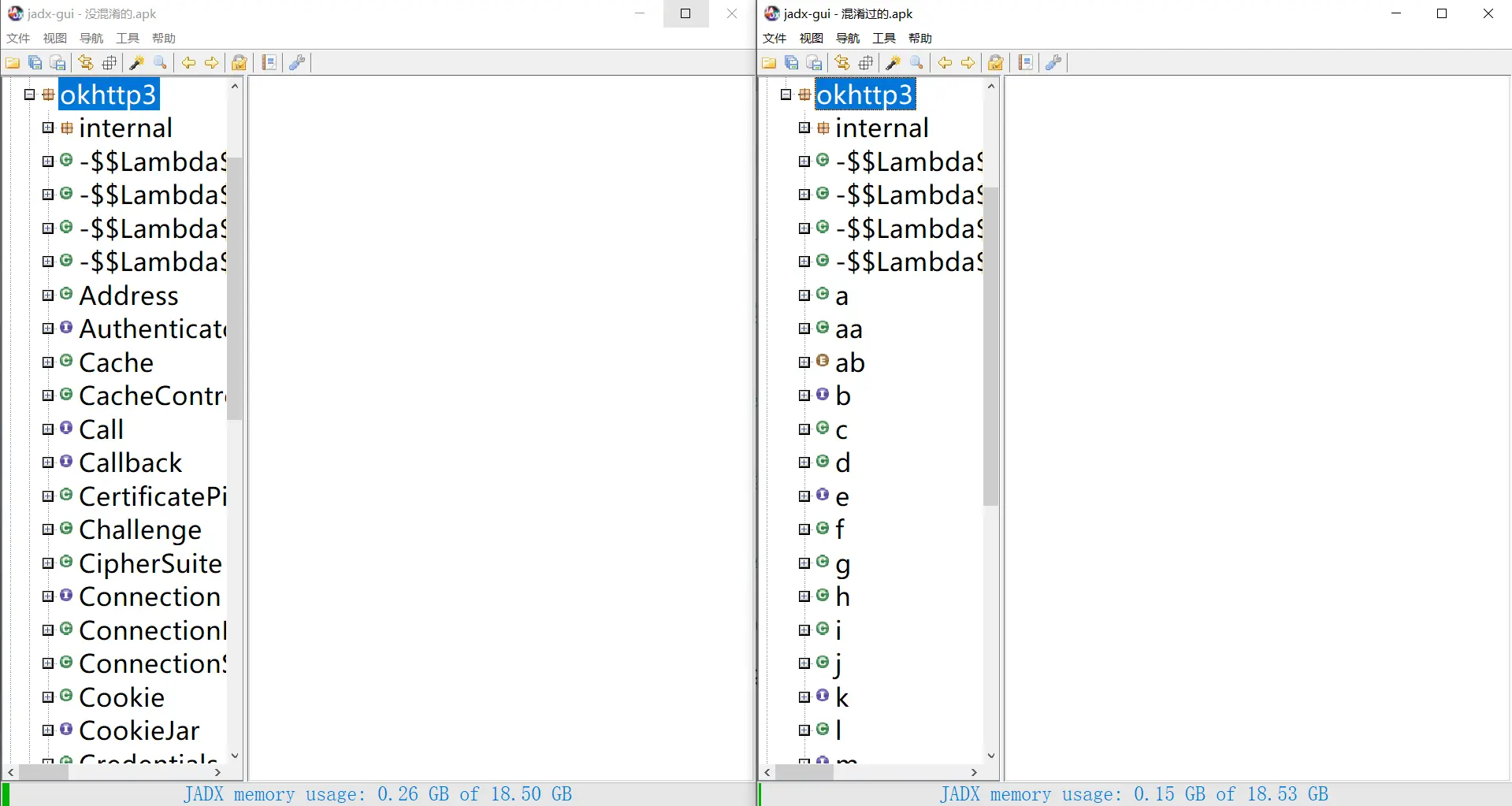在Jadx中反编译两个样例APK