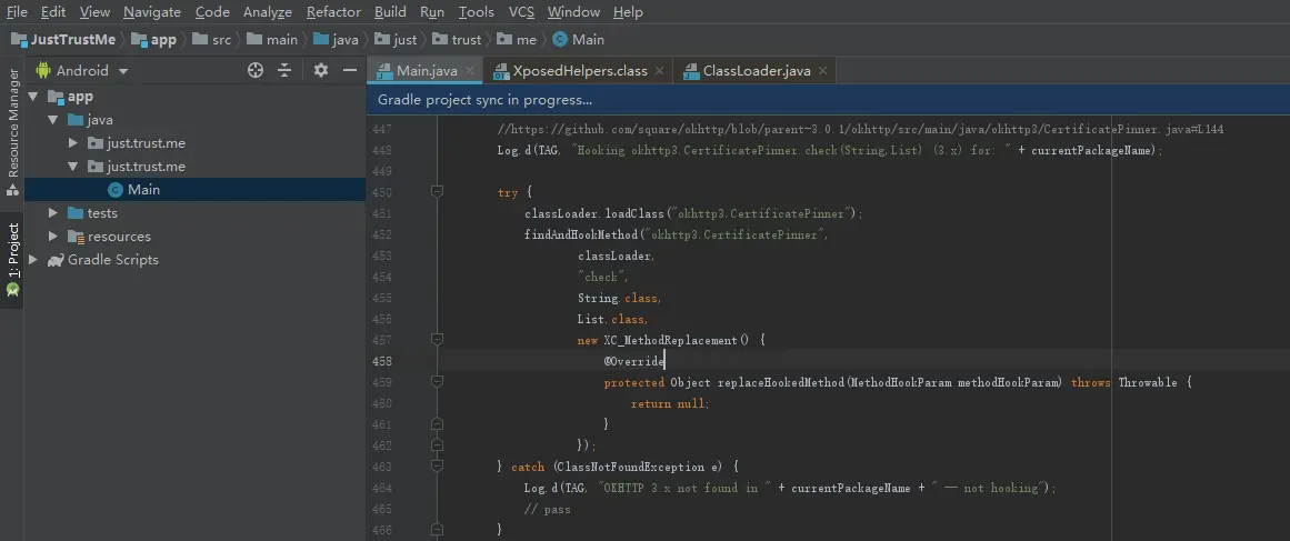 JustTrustMe代码中Hook okhttp3的证书验证部分