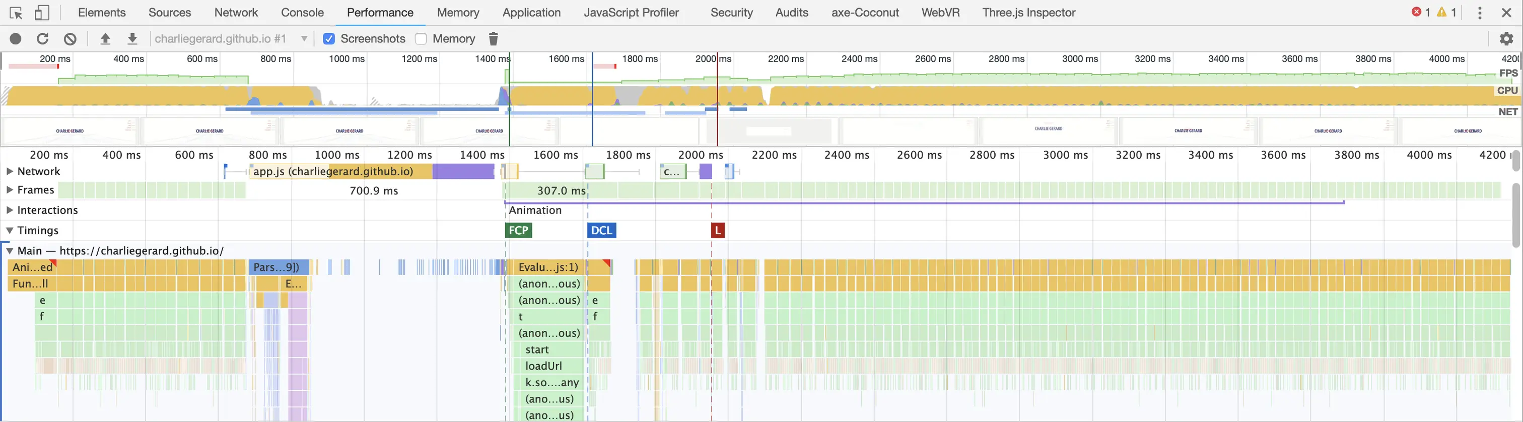 Chrome 的 Performance 标签可以给你的性能评估截图.