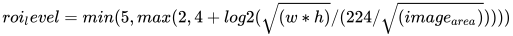 roi_level=min(5,max(2,4+log2(\sqrt{(w*h)}/(224/\sqrt{(image_{area})}))))