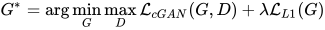 G^{*}=\arg \min _{G} \max _{D} \mathcal{L}_{c G A N}(G, D)+\lambda \mathcal{L}_{L 1}(G)