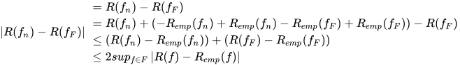 \left | R(f_{n})-R(f_{F}) \right |\begin{aligned}  &=R(f_{n})-R(f_{F}) \\   &=R(f_{n})+(-R_{emp}(f_{n})+R_{emp}(f_{n})-R_{emp}(f_{F})+R_{emp}(f_{F}))-R(f_{F}) \\   &\leq (R(f_{n})-R_{emp}(f_{n}))+(R(f_{F})-R_{emp}(f_{F}))\\   &\leq 2sup_{f\in F}\left | R(f)-R_{emp}(f) \right |  \end{aligned}