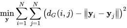 \min _{\mathbf{y}} \sum_{i=1}^{N} \sum_{j=1}^{N}\left(d_{G}(i, j)-\left\|\mathbf{y}_{i}-\mathbf{y}_{j}\right\|\right)^{2}