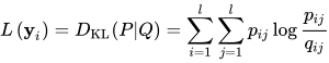 L\left(\mathbf{y}_{i}\right)=D_{\mathrm{KL}}(P | Q)=\sum_{i=1}^{l} \sum_{j=1}^{l} p_{i j} \log \frac{p_{i j}}{q_{i j}}