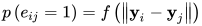 p\left(e_{i j}=1\right)=f\left(\left\|\mathbf{y}_{i}-\mathbf{y}_{j}\right\|\right)