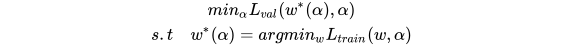 min_{\alpha }L_{val}(w^{*}(\alpha ),\alpha )\\s.t \quad w^{*}(\alpha )=argmin_{w}L_{train}(w,\alpha )