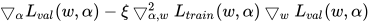 \bigtriangledown _{\alpha }L_{val}(w,\alpha )-\xi \bigtriangledown _{\alpha ,w}^{2}L_{train}(w,\alpha )\bigtriangledown _{w}L_{val}(w,\alpha )