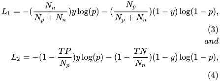 \begin{aligned} L_{1}=-(\frac{N_{n}}{N_{p}+N_{n}})y\log(p)-(\frac{N_{p}}{N_{p}+N_{n}})(1-y)\log(1-p), \\(3) \\  and\\L_{2} =-(1-\frac{TP}{N_{p}})y\log(p)-(1-\frac{TN}{N_{n}})(1-y)\log(1-p),\\(4)  \end{aligned}