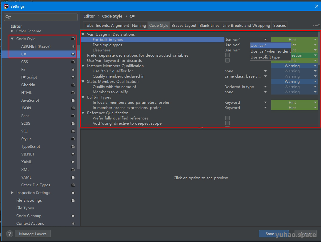 Rider Code Style in editor