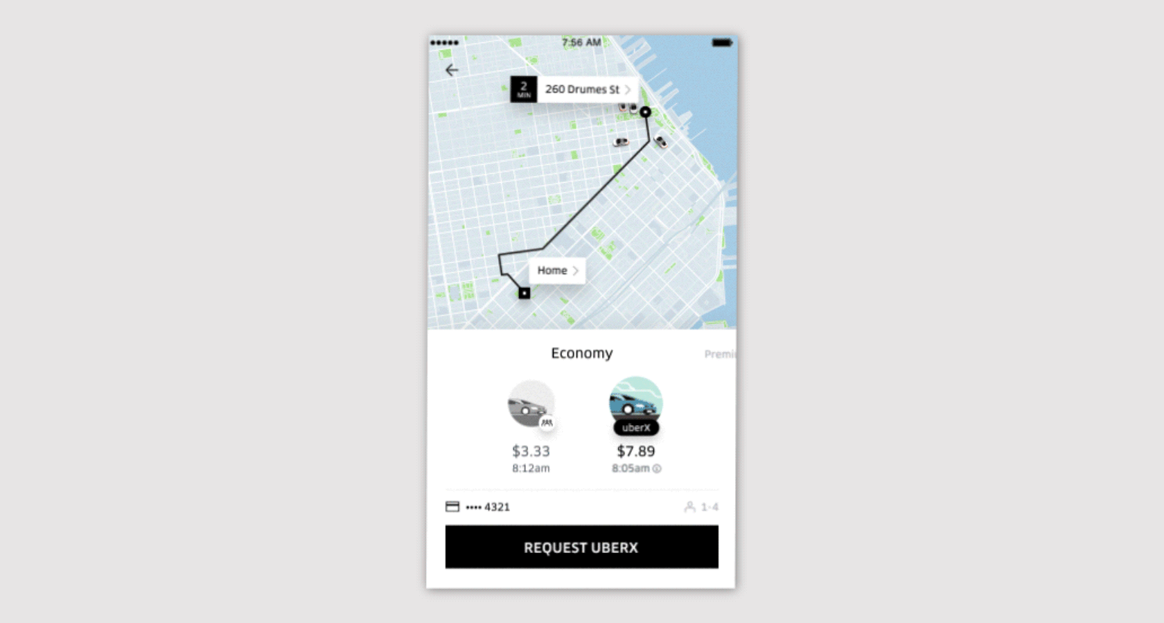 Uber 的 app 提供了三种级别的出租车服务，让用户在需要的时候很容易地访问每个选项。（由 Uber 设计）