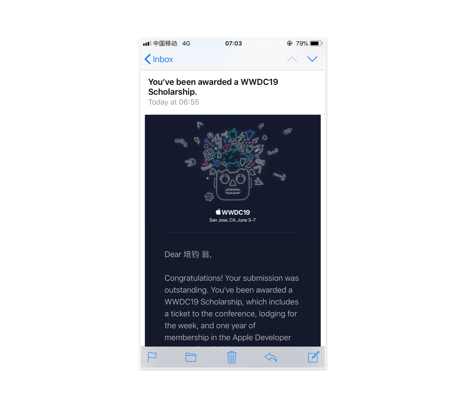 WWDC19 Schoolarship 获奖邮件