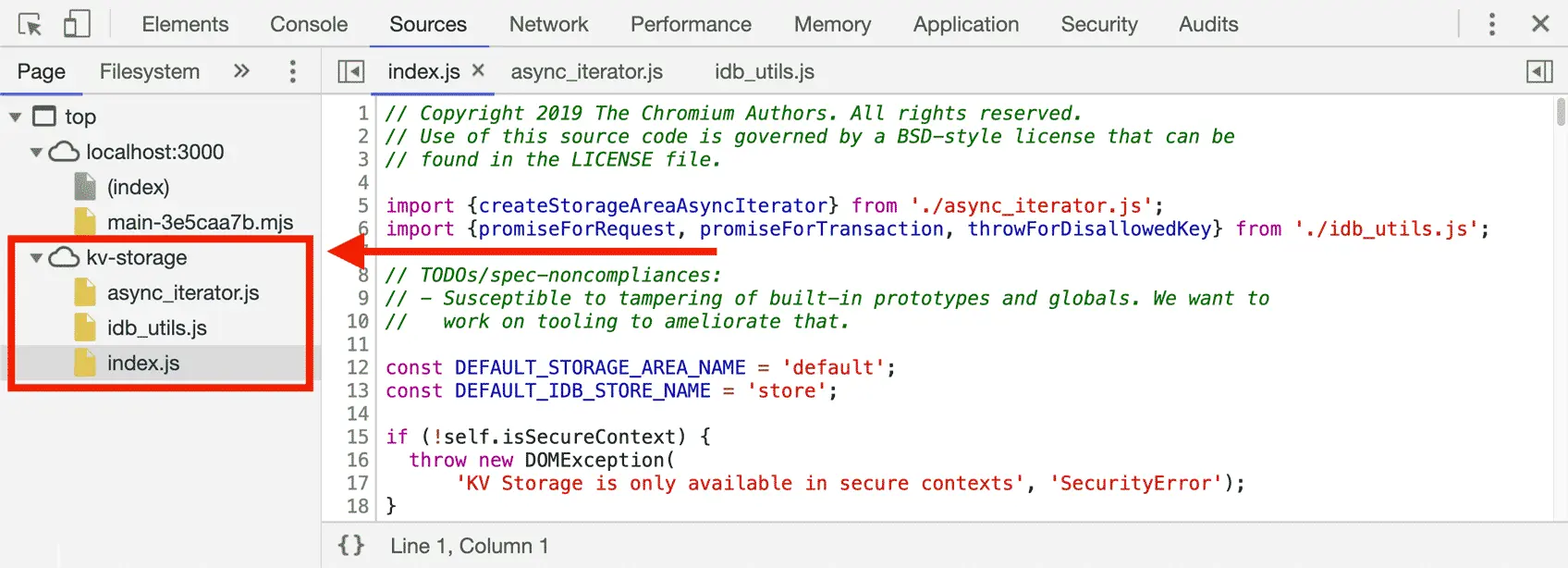 The KV Storage module source in Chrome DevTools