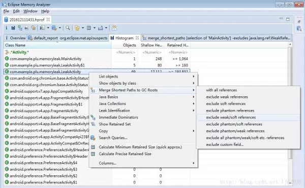 点击鼠标右键选择Merge Shortest paths to GC Roots并选择exclude weak/soft references来排除弱引用和软引用。 点击鼠标右键选择Merge Shortest paths to GC Roots并选择exclude weak/soft references来排除弱引用和软引用。