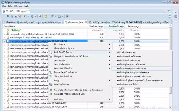 点击鼠标右键选择Path To GC Roots->exclude weak/soft references来排除弱引用和软引用 点击鼠标右键选择Path To GC Roots->exclude weak/soft references来排除弱引用和软引用
