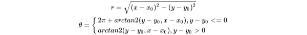 r=\sqrt{(x-x_0)^2+(y-y_0)^2}\\ \theta=\left\{\begin{array}22\pi+arctan2(y-y_0,x-x_0),y-y_0<=0\\arctan2(y-y_0,x-x_0),y-y_0>0 \end{array}\right.