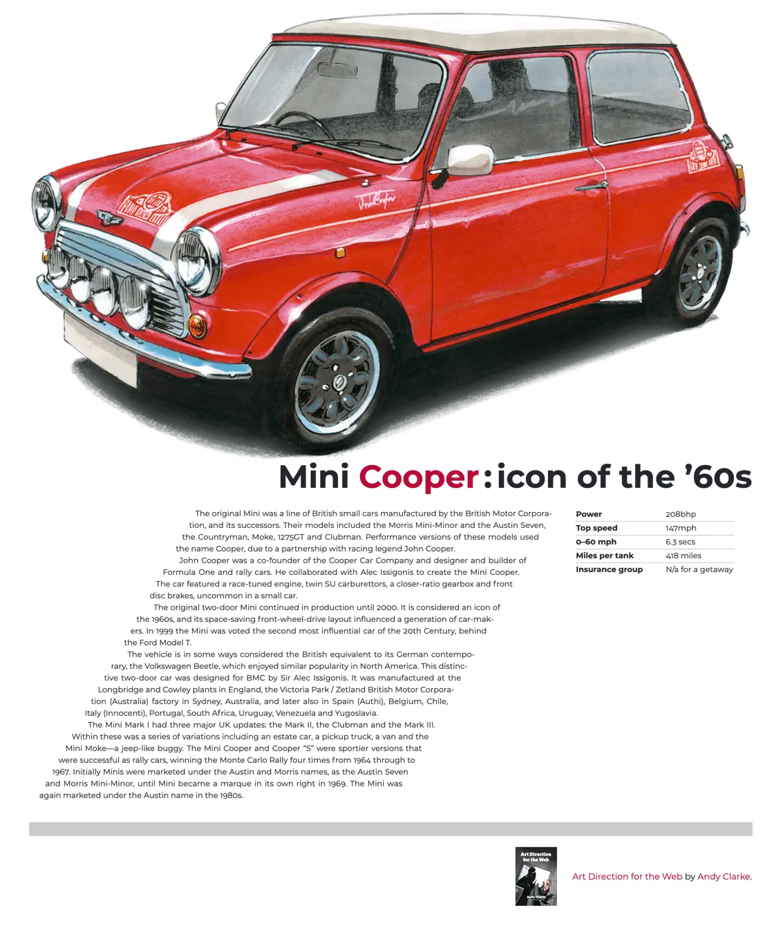 在两个形状之间放入一小段文本，会形成一个 Z 形，它表明了在驾驶这款标志性小型车时，人们会感受到的速度和乐趣