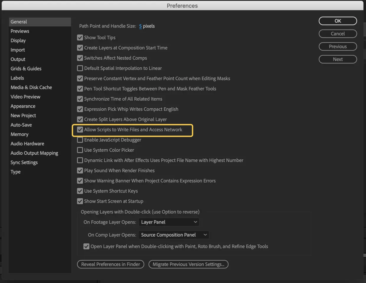 将【允许脚本写入文件和访问网络】选项勾选上