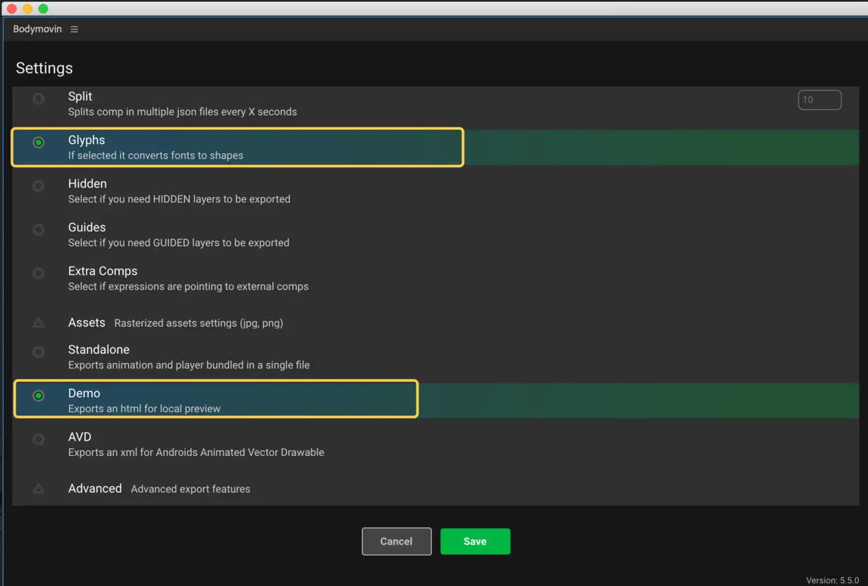 在bodymovin窗口中点击设置进入这个窗口