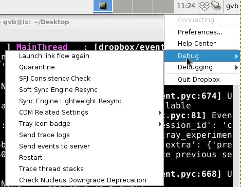 Debug options enabled in Dropbox