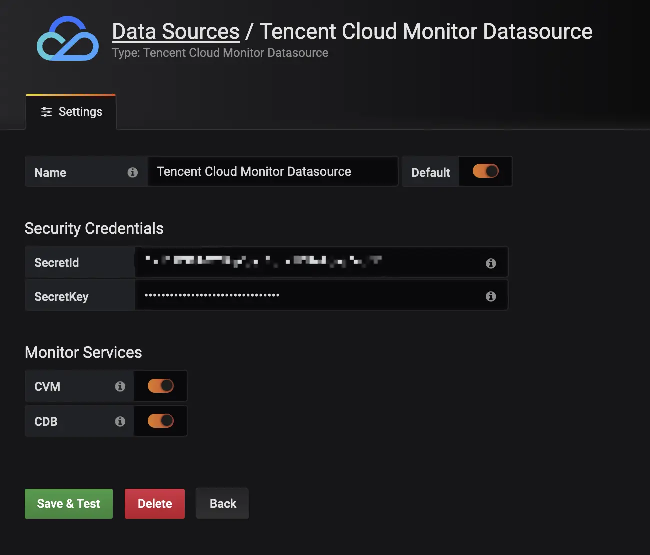Tencent Cloud Monitor App 的数据源配置页面