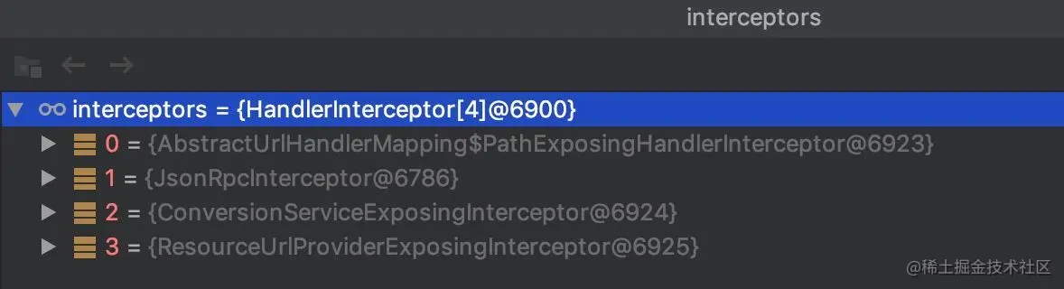 调试过程中探测springmvc已注册的拦截器有四个